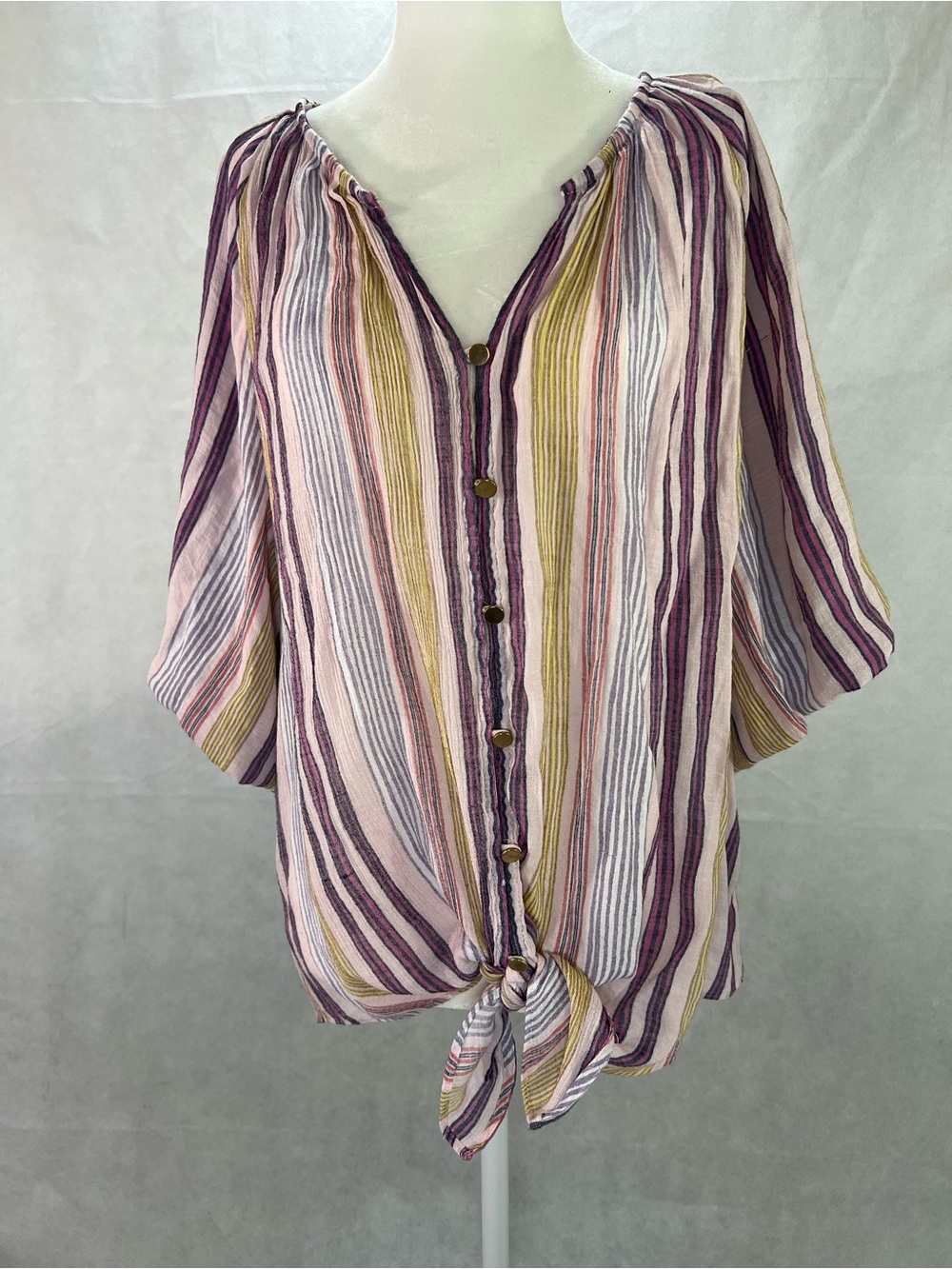 Zac & Rachel Women's Multicolor Stripe 3/4 Bell Sleeve Lightweight Top 2X